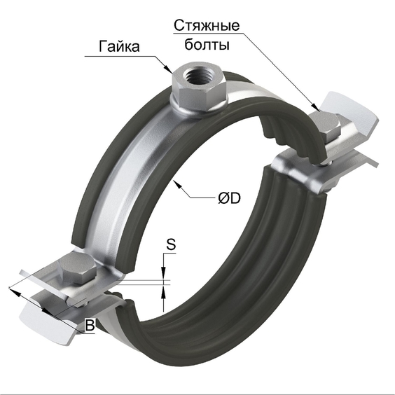 Хомут составной с виброгасителем для высоких нагрузок PI-НD. Хомут составной с виброгасителем для высоких нагрузок PI-НD (Гальваника/Hdg)